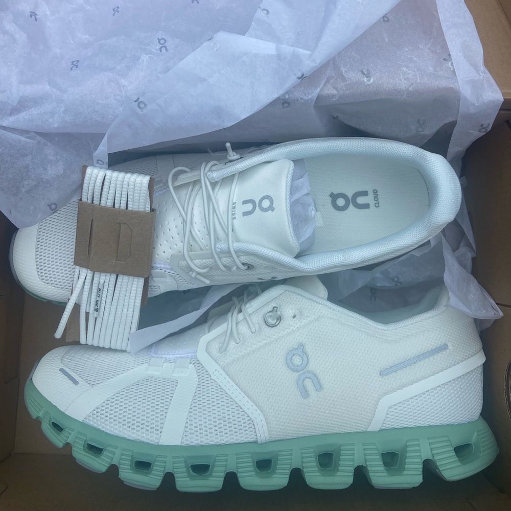 On Running Cloud 5 All White, mint Bottom, Women’s size 10 shoes. New with box.